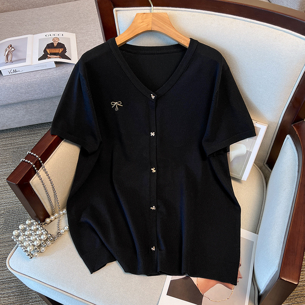 Plus Size V Neck Short Sleeve Cardigan Blouse (EXTRA BIG SIZE)