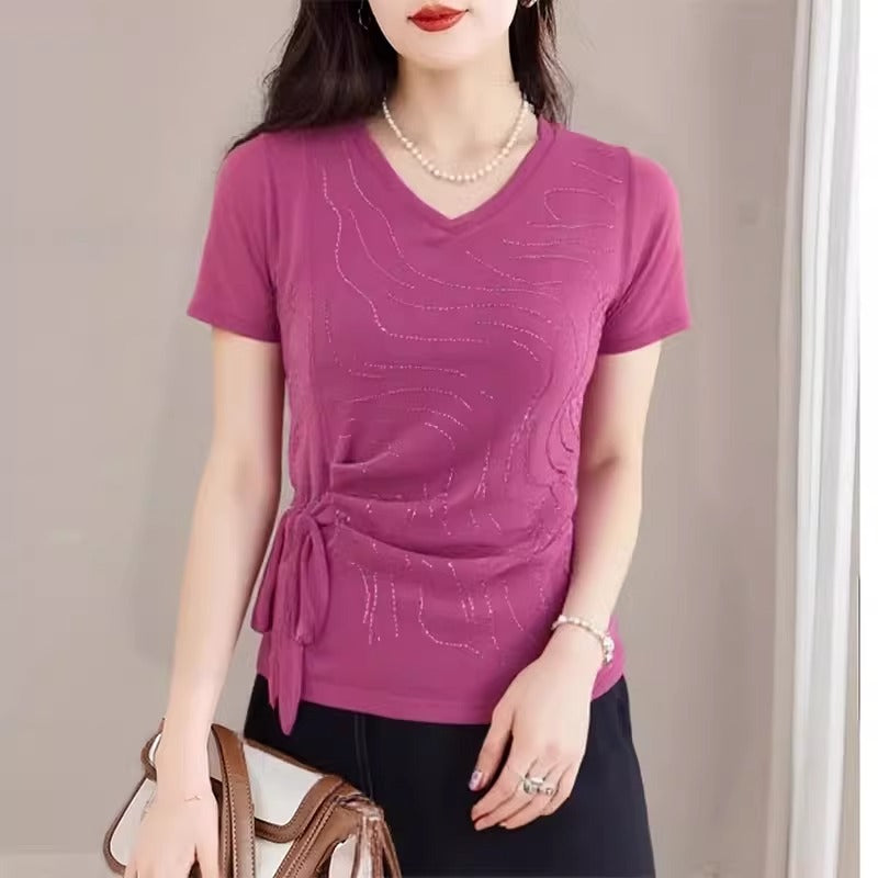 Plus Size V-Neck Waist Tie Blouse