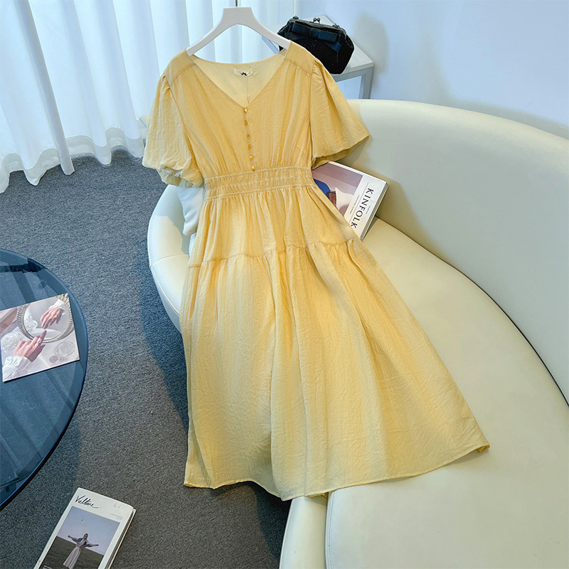 Plus Size V Neck Yellow A Line Dress (EXTRA BIG SIZE)