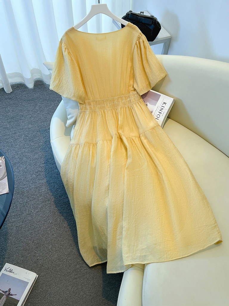 Plus Size V Neck Yellow A Line Dress (EXTRA BIG SIZE) – Pluspreorder
