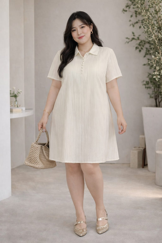 plus size white pleated polo collar shift dress front view