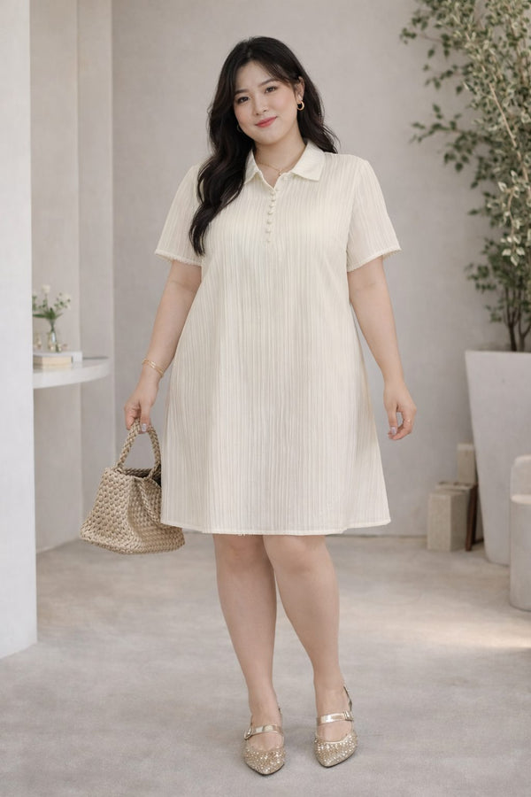 plus size white pleated polo collar shift dress front view