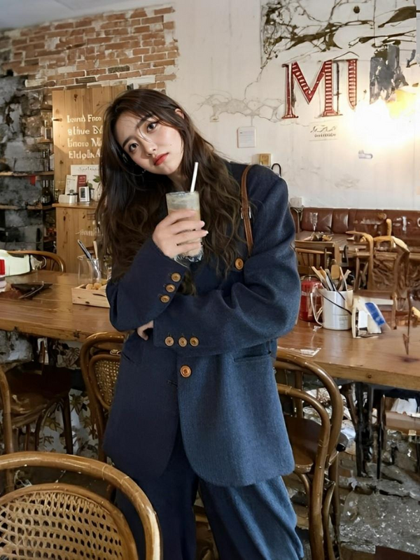 Plus Size Vintage Blue Blazer And Trouser Pants Outfit