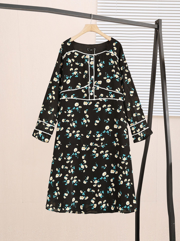 Plus Size Vintage Bustier Floral Long Sleeve Dress (Extra Big Size)