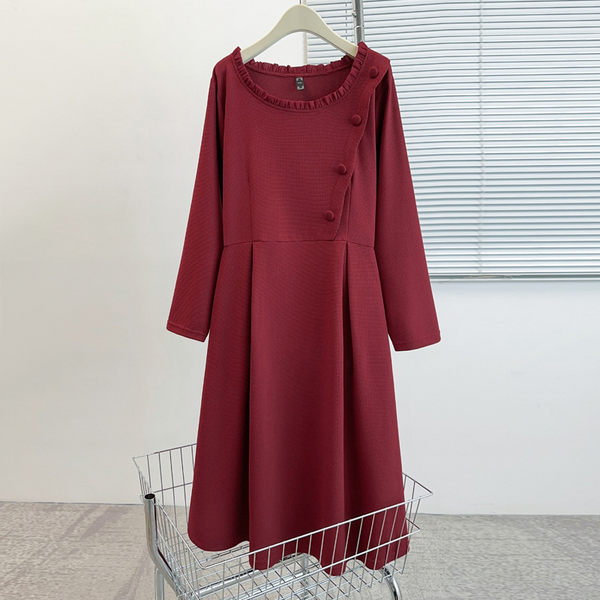 Plus Size Vintage Buttons Long Sleeve A Line Dress (EXTRA BIG SIZE)