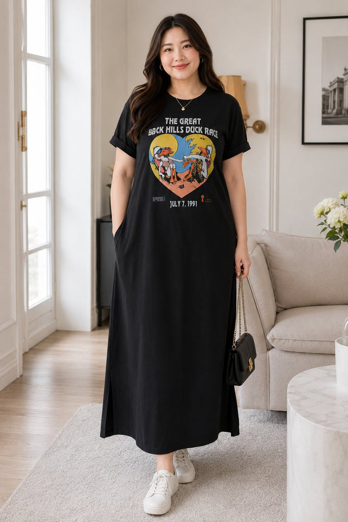 Plus size vintage cartoon graphic maxi dress in black full front view