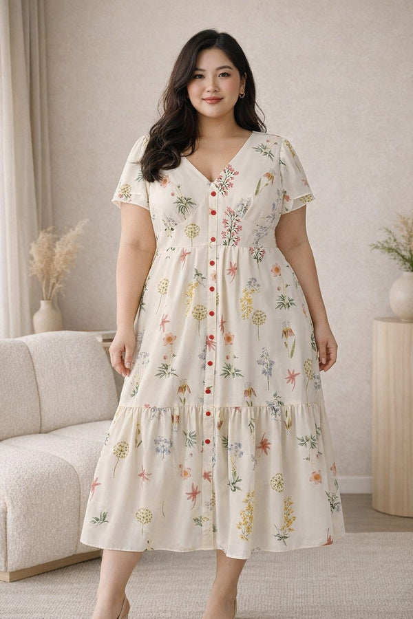 plus size vintage floral bustier midi dress front view
