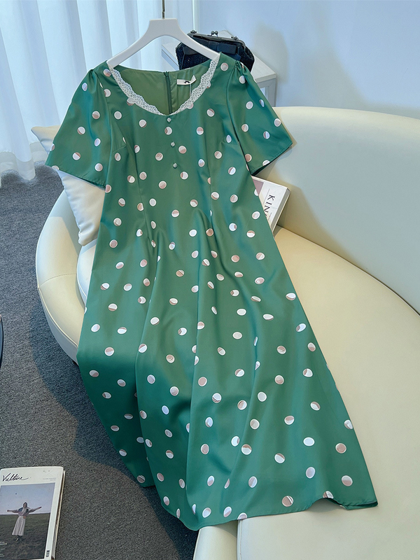 Plus Size Vintage Green Polka Dots Dress (EXTRA BIG SIZE)