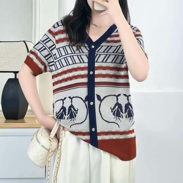 Plus Size Vintage Knit V-Neck Button Short Sleeve Sweater