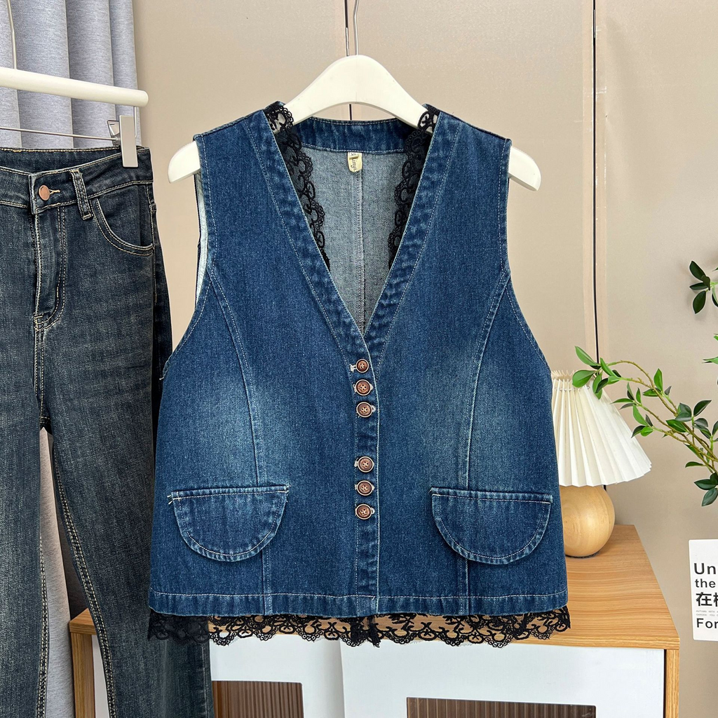 Plus Size Vintage Lace Denim Vest