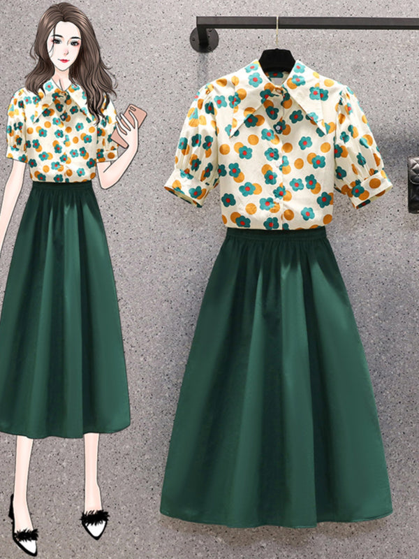 Plus Size Vintage Shirt With Green A Line Skirt Set