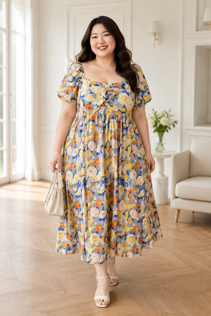 Plus size watercolour floral square neck babydoll midi dress on model