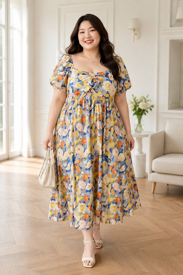 Plus size watercolour floral square neck babydoll midi dress on model