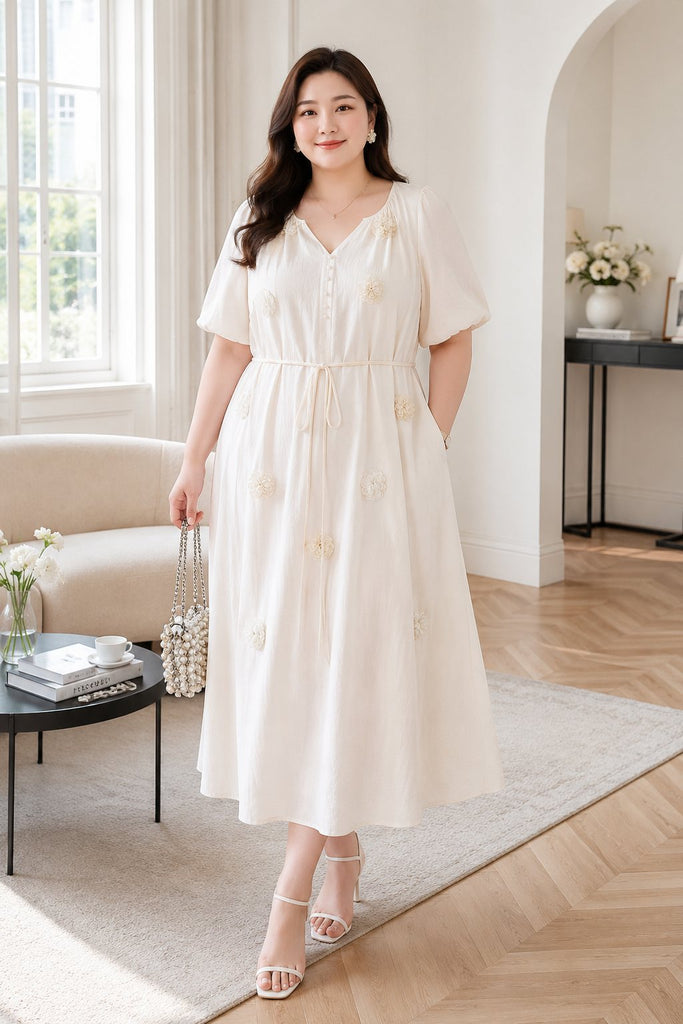 Plus size white midi dress with 3D floral appliqué and notch neckline