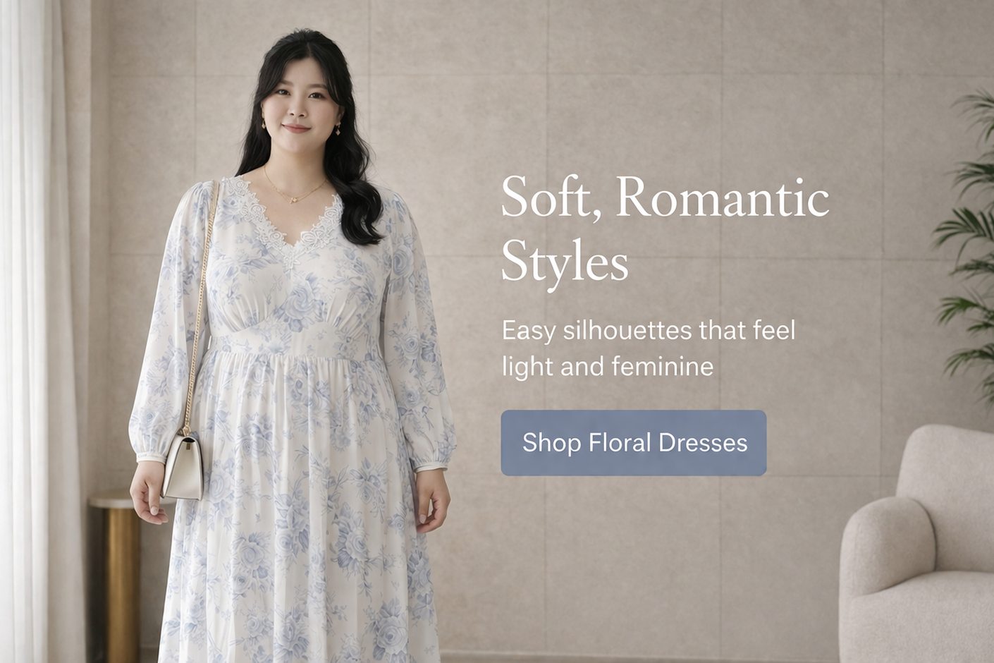 plus size white blue floral chiffon midi dress front view
