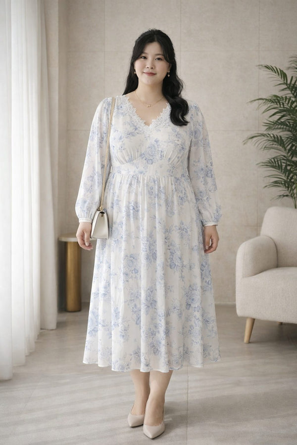 plus size white blue floral midi dress lace neckline front view