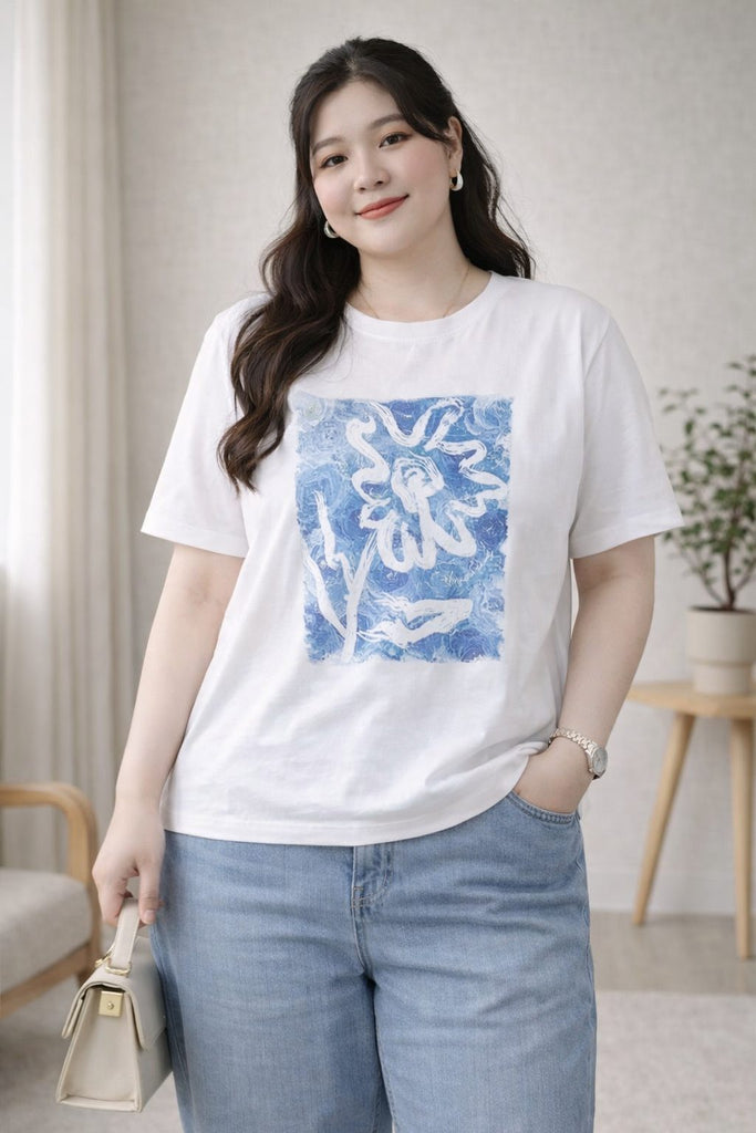 plus size white graphic t shirt blue floral print front view