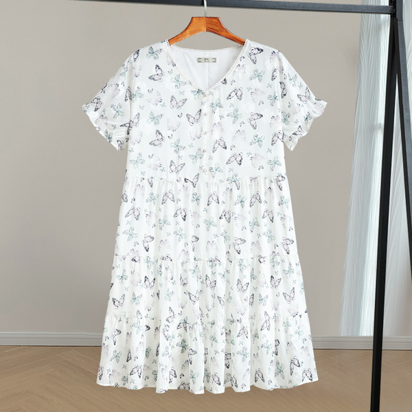 Plus Size White Butterfly Chiffon V Neck Dress (Extra Big Size)