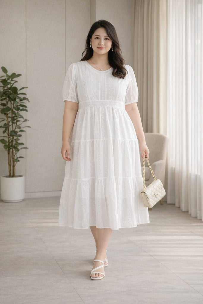 plus size white embroidered babydoll midi dress front view