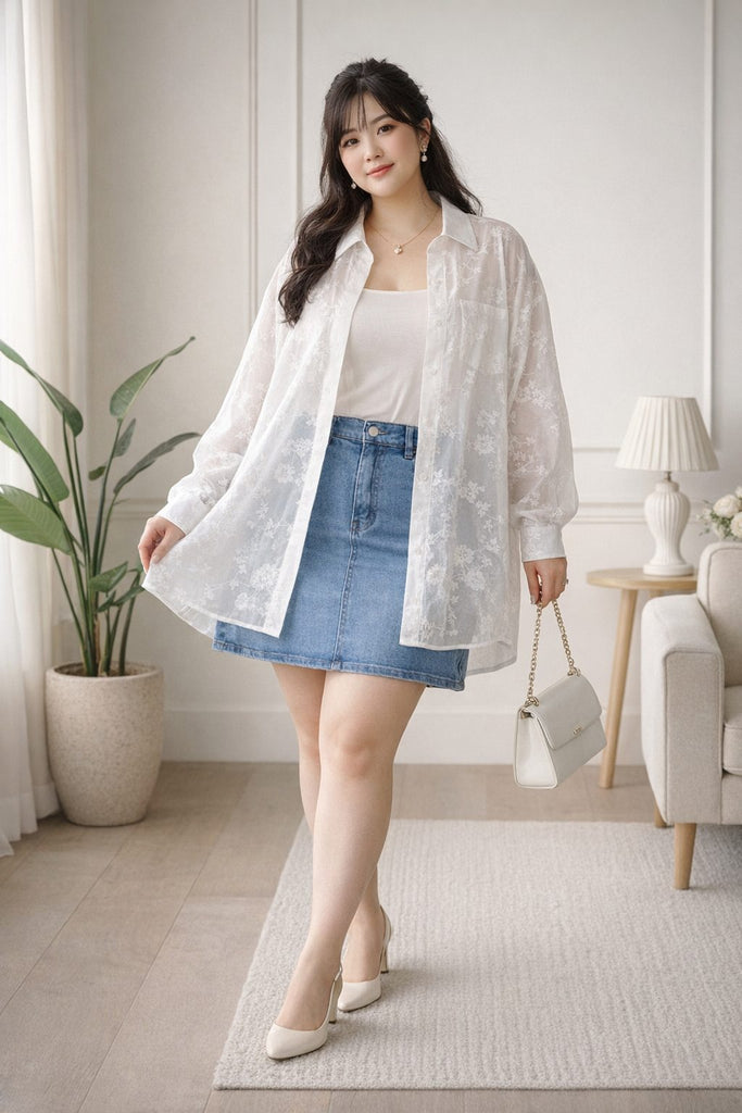 plus size white embroidered sheer shirt jacket front view