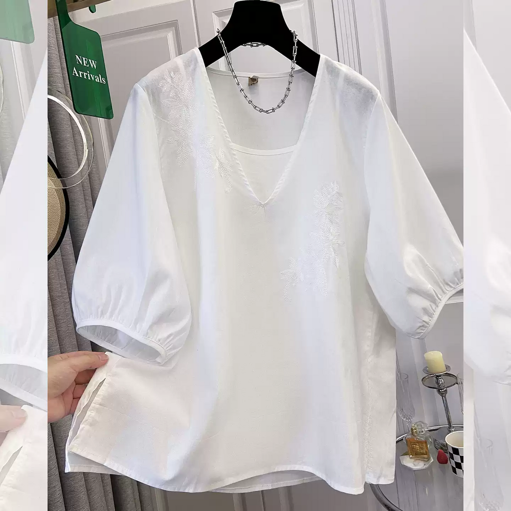 Plus Size White Embroidery Loose Blouse