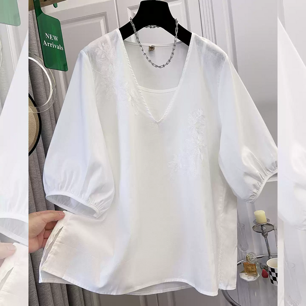 Plus Size White Embroidery Loose Blouse