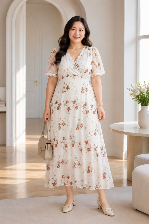 Plus size white floral wrap empire waist midi dress front view