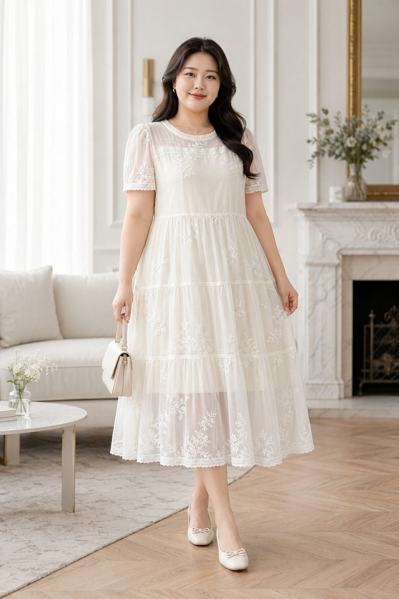 Plus Size White Lace Babydoll Midi Dress – Pluspreorder