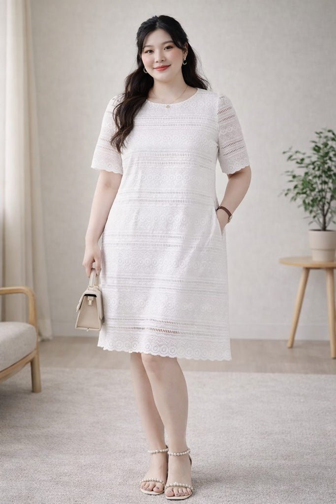 chinese dress ladies Plus Size White Lace Shift Dress – Cutout Detail with Pockets – Pluspreorder