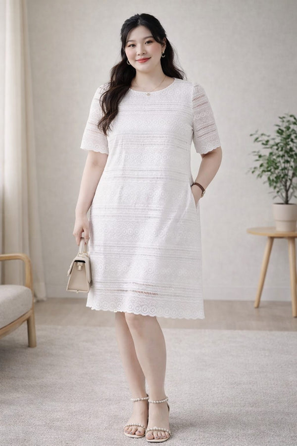 plus size white lace shift dress cutout detail front view