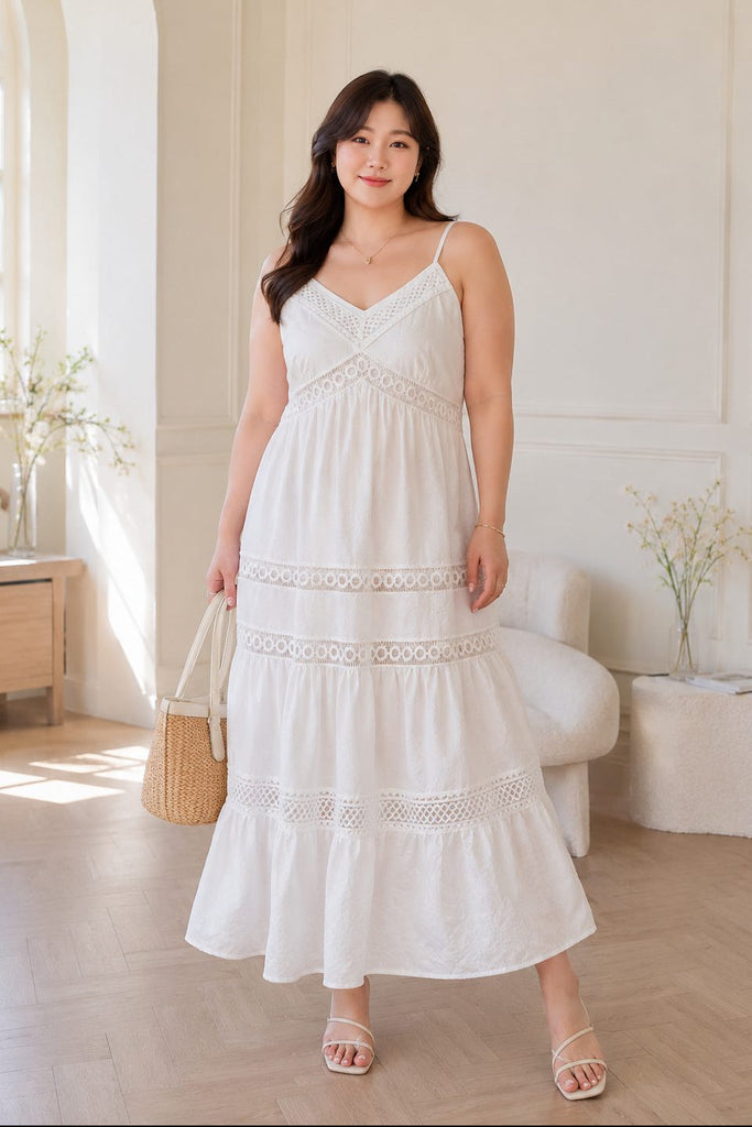 Plus size white lace-trim camisole maxi dress front view