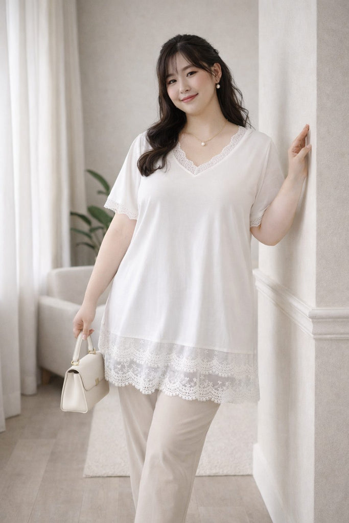 plus size white layered hem lace blouse short sleeve front view