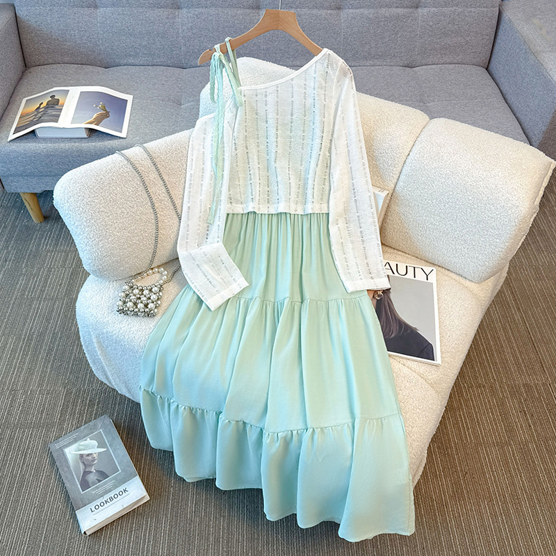 Plus Size White Off Shoulder Throwover Sweater Style Top And Mint Green Tier Camisole Dress (EXTRA BIG SIZE)