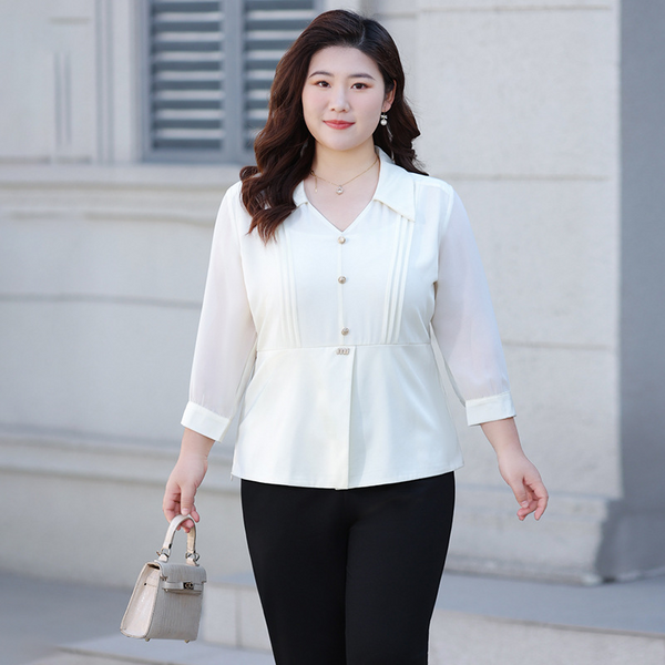 Plus Size White Peplum Mid Sleeve Shirt Blouse