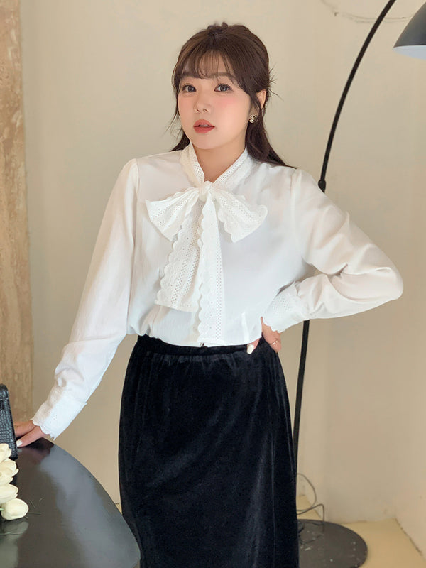 Plus Size White Pussybow Long Sleeve Blouse