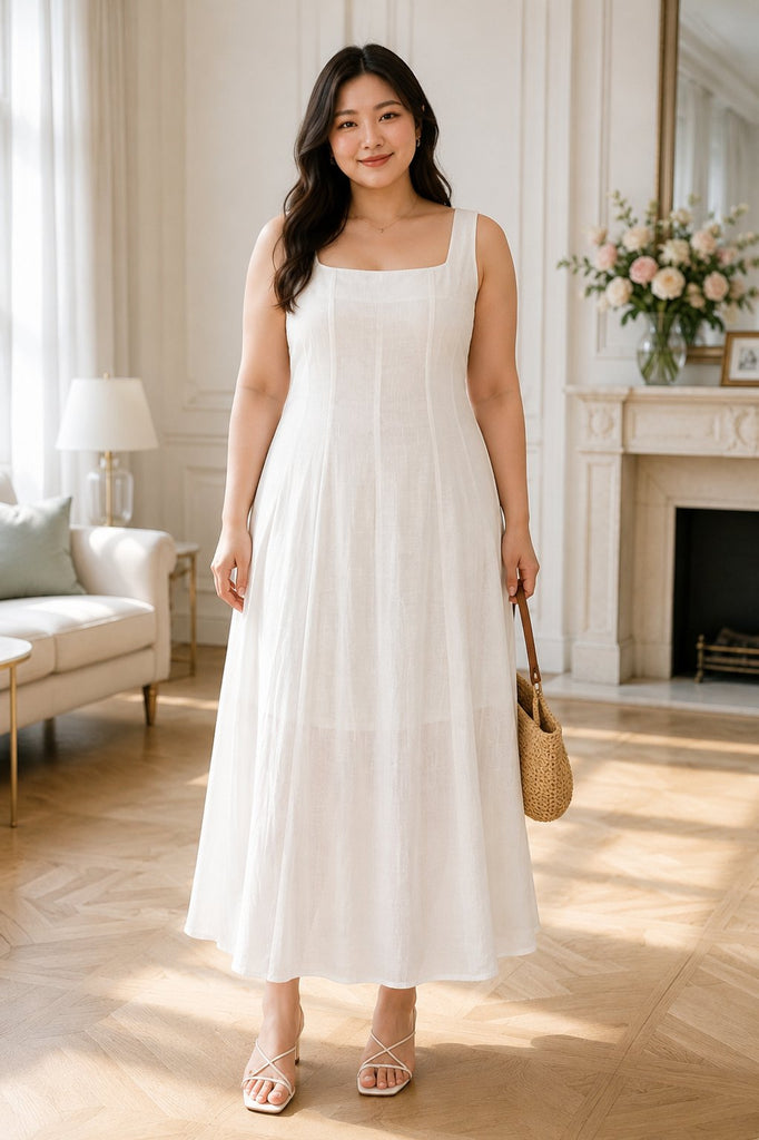 Plus size white square neck A-line sleeveless midi dress front view