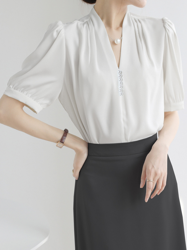 Plus Size White V Neck Work Short Sleeve Blouse
