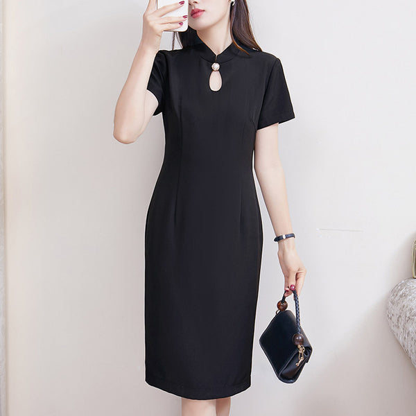 Plus Size Black Cheongsam Short Sleeve Dress