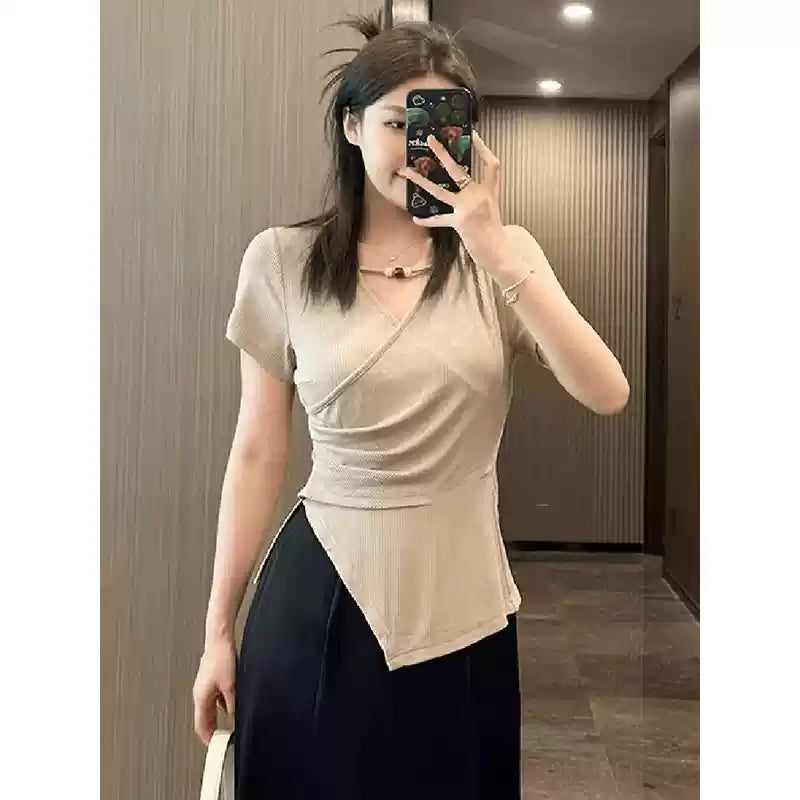 Plus size wrap v neck fitted t shirt