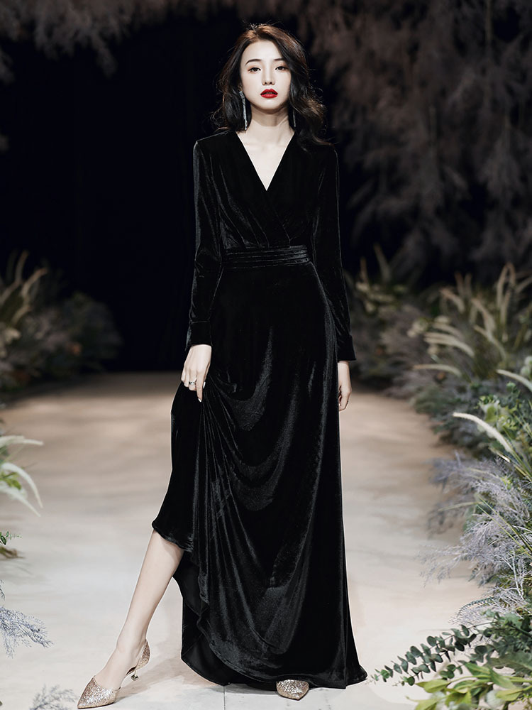 Plus Size Wrap Velvet Long Sleeve Evening Dress