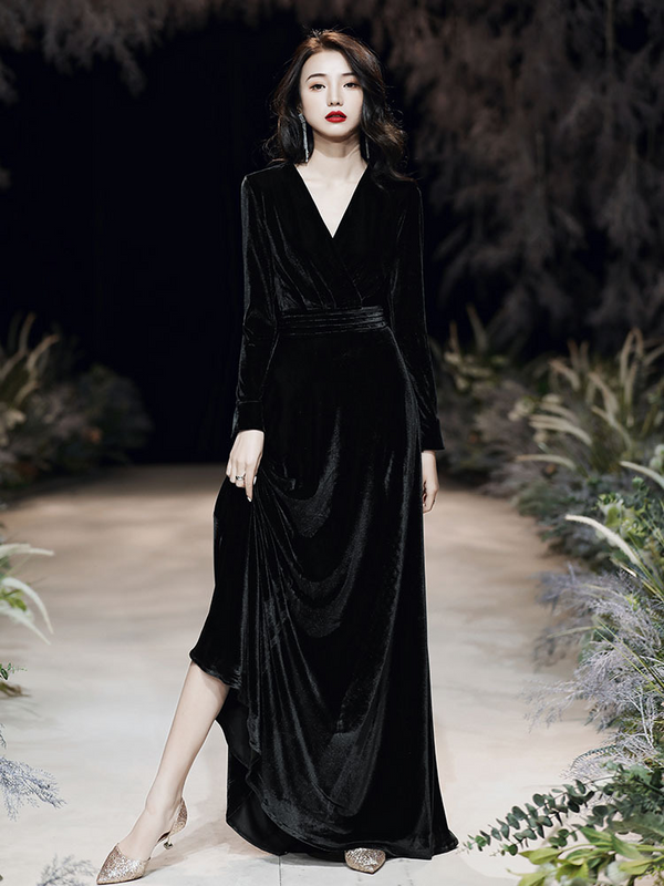 Plus Size Wrap Velvet Long Sleeve Evening Dress