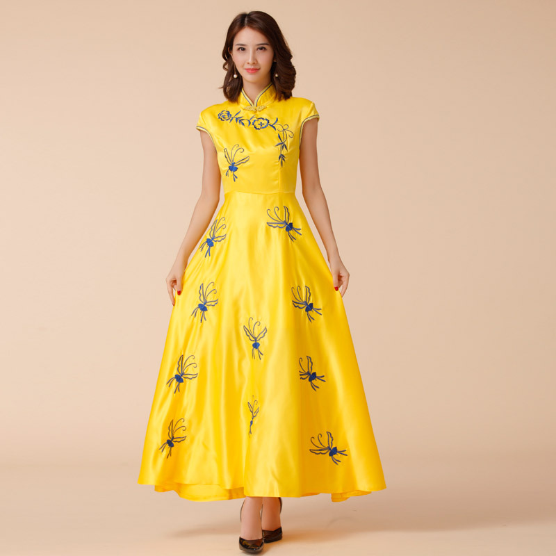 Plus Size Yellow Blue Satin Cheongsam Gown