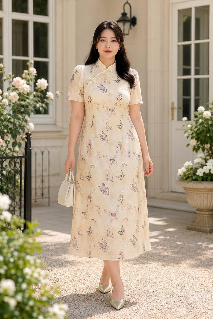 Plus size yellow butterfly print modern cheongsam dress front view