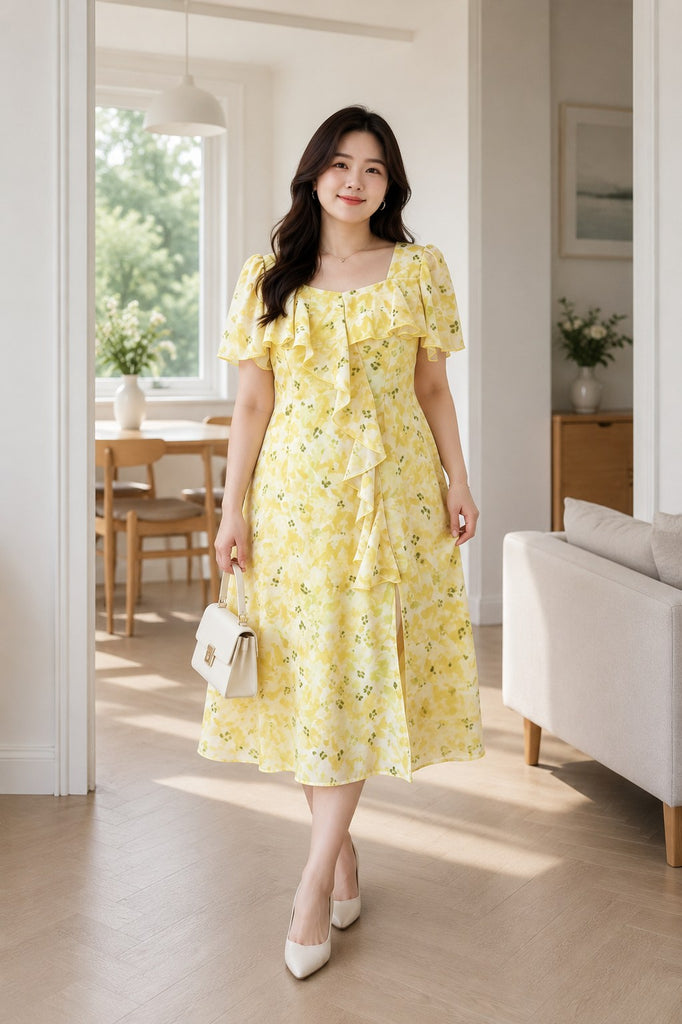 Plus size yellow floral square neck chiffon midi dress front view on model