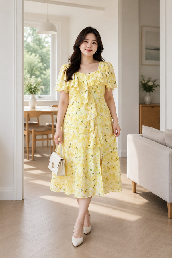 Plus size yellow floral square neck chiffon midi dress front view on model