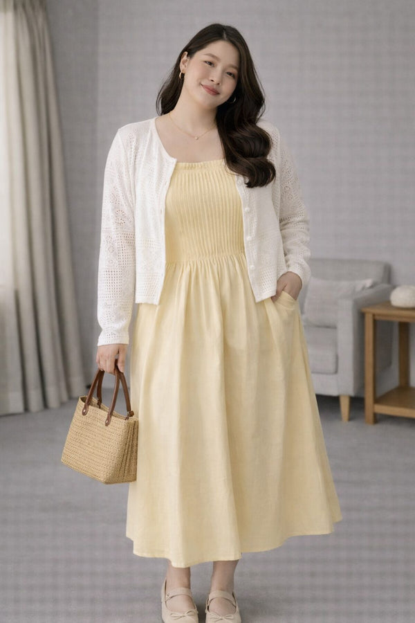 pointelle cardigan and yellow dress set