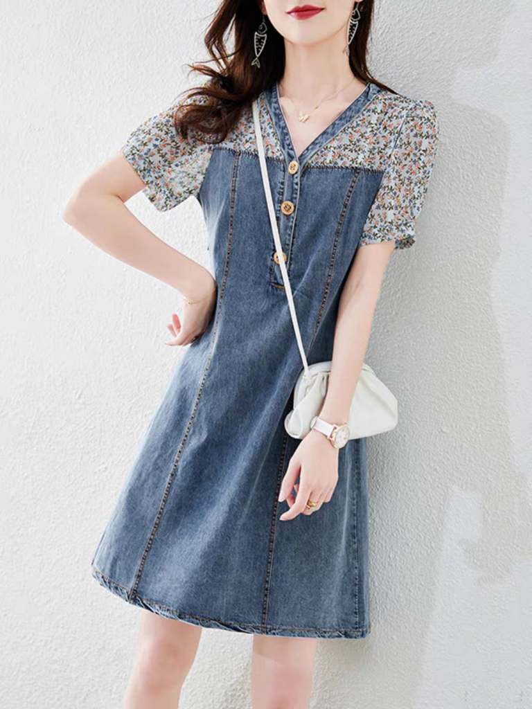 Plus Size Floral Layer Denim Short Sleeve Shift Dress