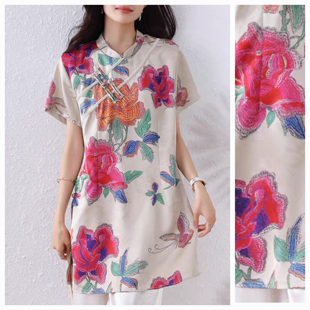 Plus Size Bright Floral Tunic Cheongsam Blouse