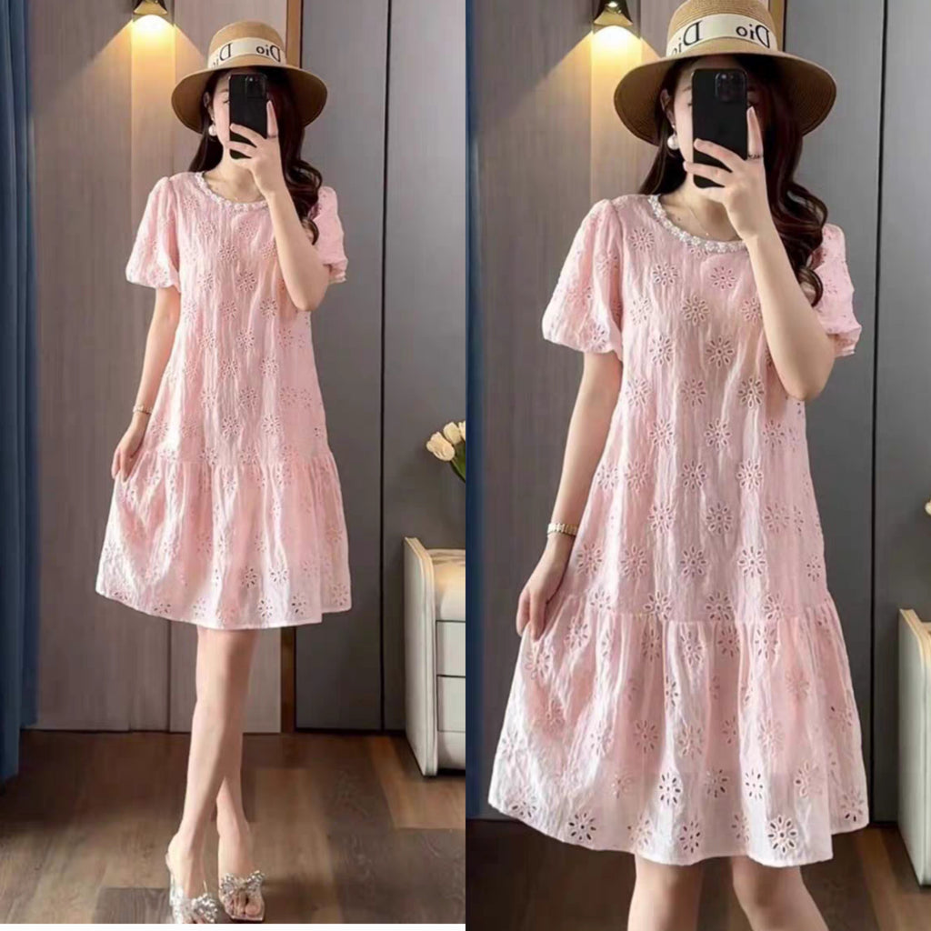 Plus Size Pink Lace Drop Waist Short Sleeve Dress