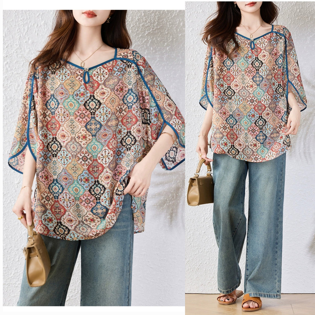 Plus Size Modern Bohemian Loose 3/4 Sleeve Blouse